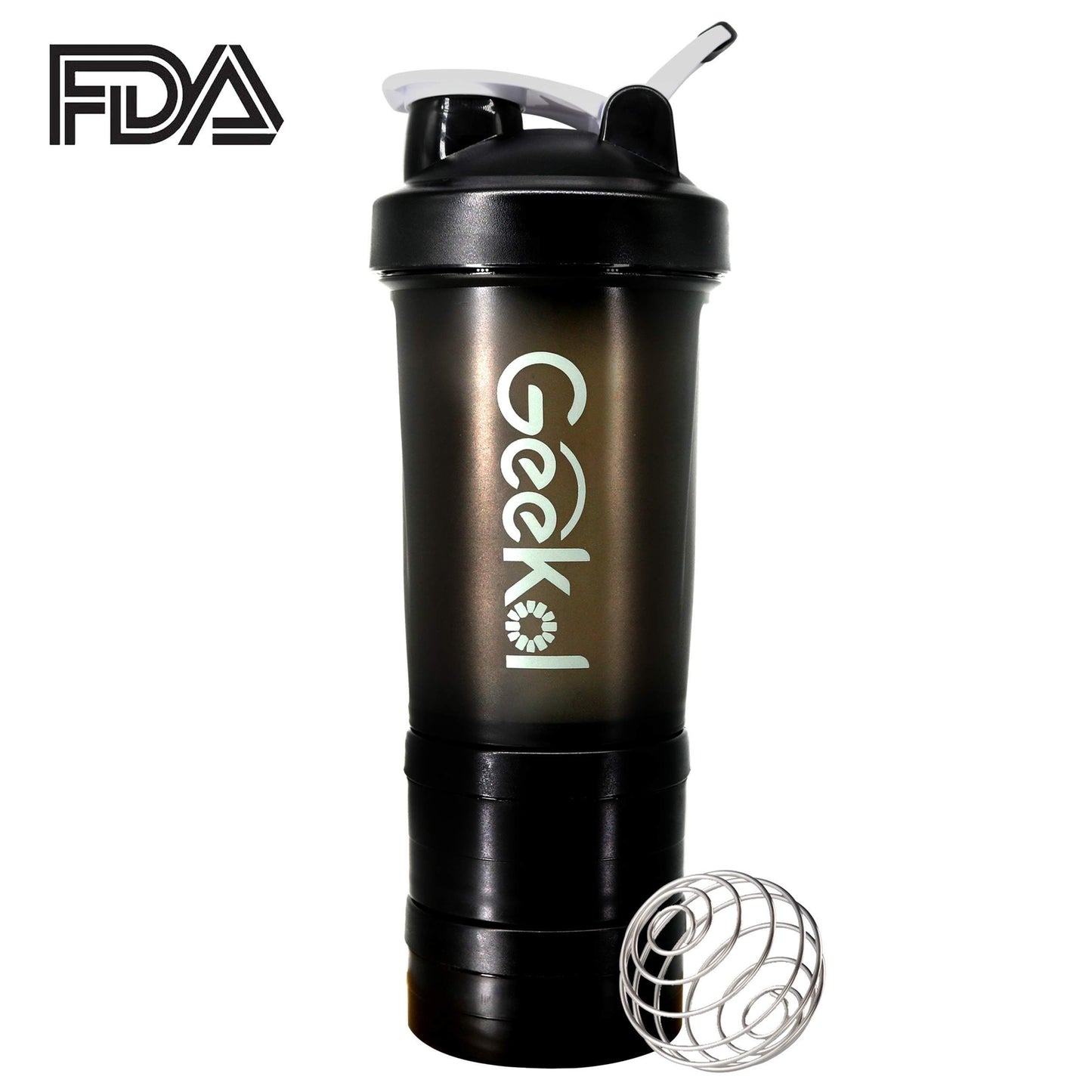 Geekol Protein Shaker Bottle, Sports Water Bottle BPA-Free with Jar and Ball for Workout, Hiking and Camping (Black)-Curavita