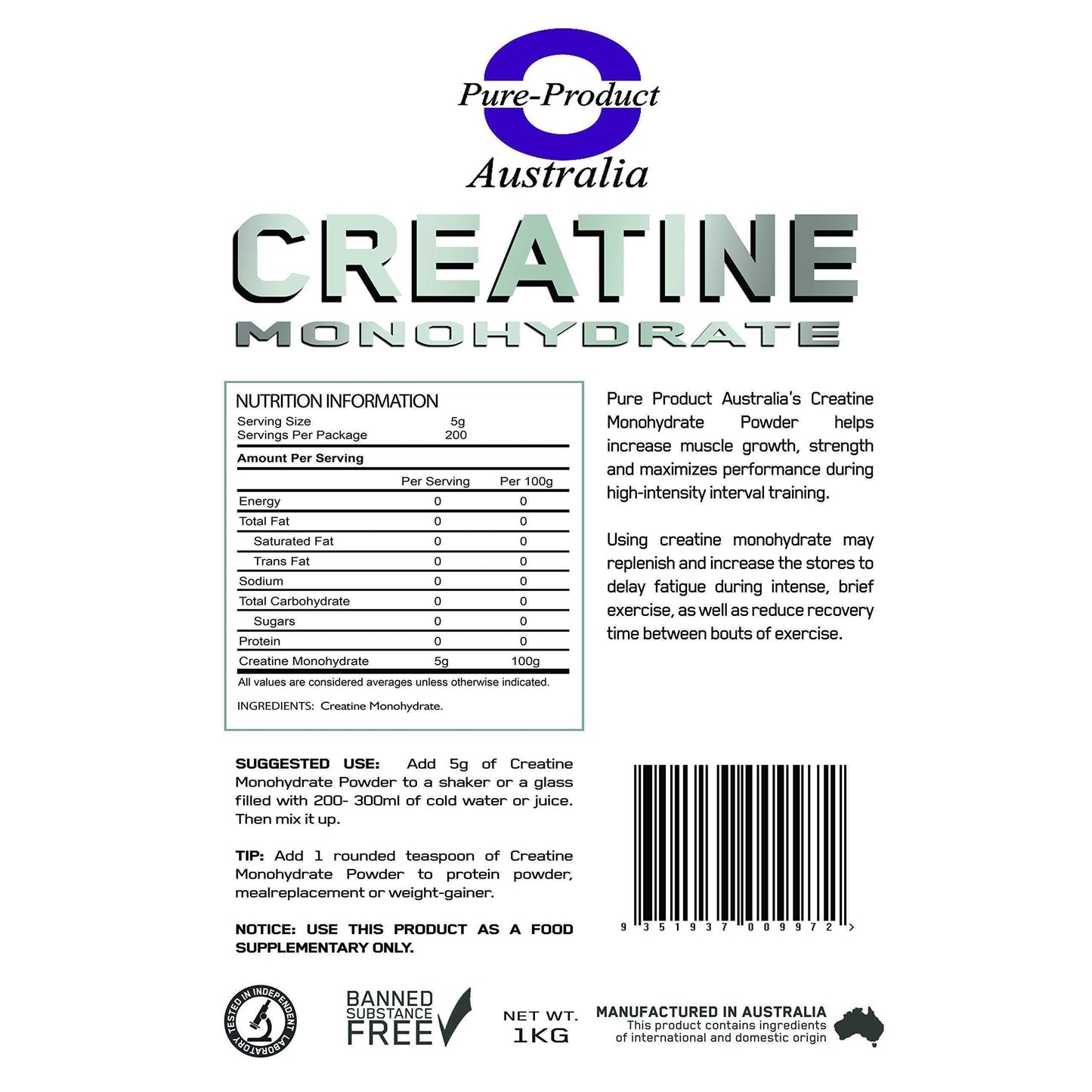 Pure Product Australia Creatine Monohydrate (Unflavour) (1KG)-Curavita